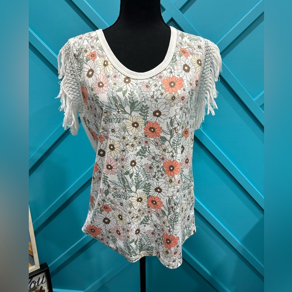 Liam & Company Floral Fringe Sleeve Top - White and Orange